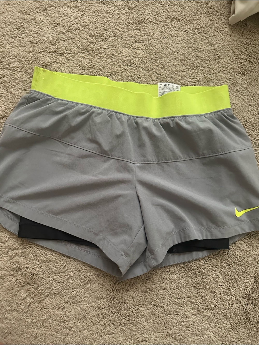 Nike Women’s Gray Athletic Shorts with Neon Yellow Waistband